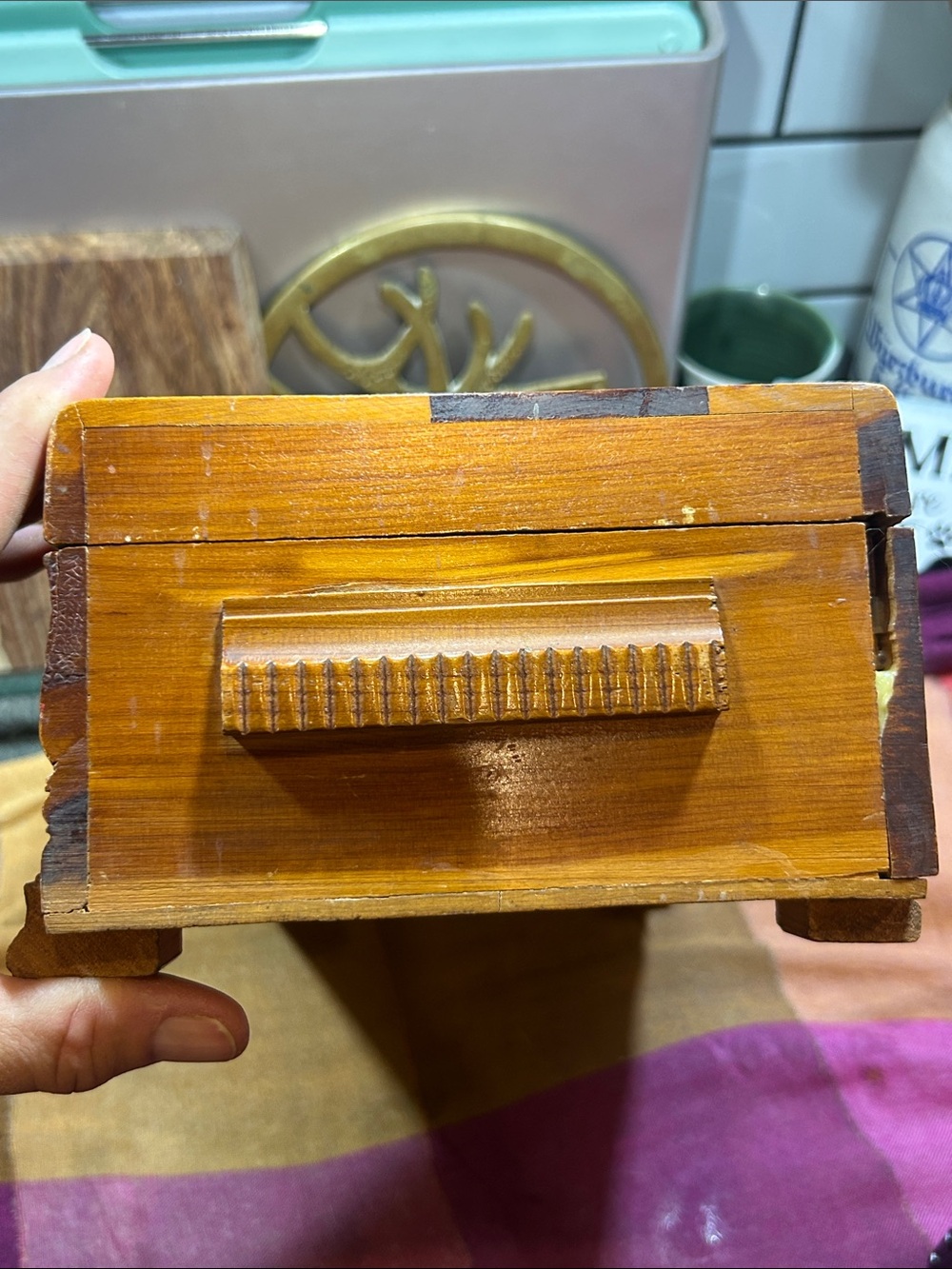 40's Vintage Wood Jewelry Trinket Box Litho Cottage Scene Carved Hinged Wooden - Picture 11 of 17